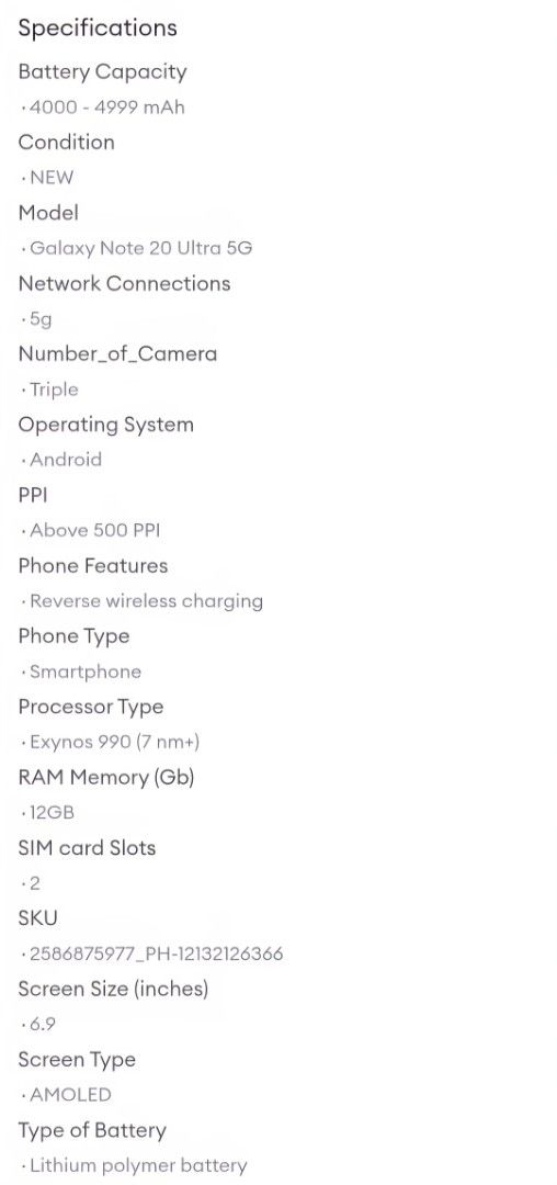 Samsung Galaxy Note 20 Ultra 5G (Category: Samsung) located in Rizal. Submitted by curious_carys (Listing ID 1426109506, Image 2). Description: *Global Version *12GB RAM+256GB ROM *Exynos 990 *6.9 inches *120Hz Long-Lasting Battery *Unit and box only since I already use the headset, adapter, and USB C for my S22 *Open line *With hybrid SIM card slot: either 2 nano SIMs OR 1 nano SIM and 1 micro SD card *Wireless charging working well *RFS: I pref