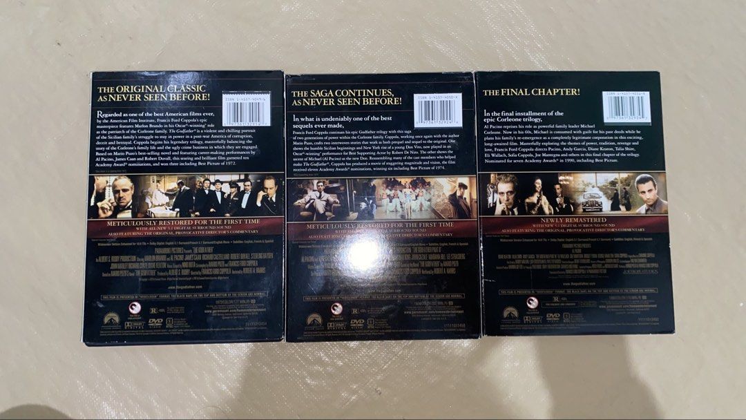 The Godfather Trilogy DVD Set (Category: Storybooks) located in Luna. Submitted by ecwthesandman (Listing ID 1426179349, Image 2). Description: Godfather 1-3 dvd set, 1 and 2 are open but 3 is sealed..