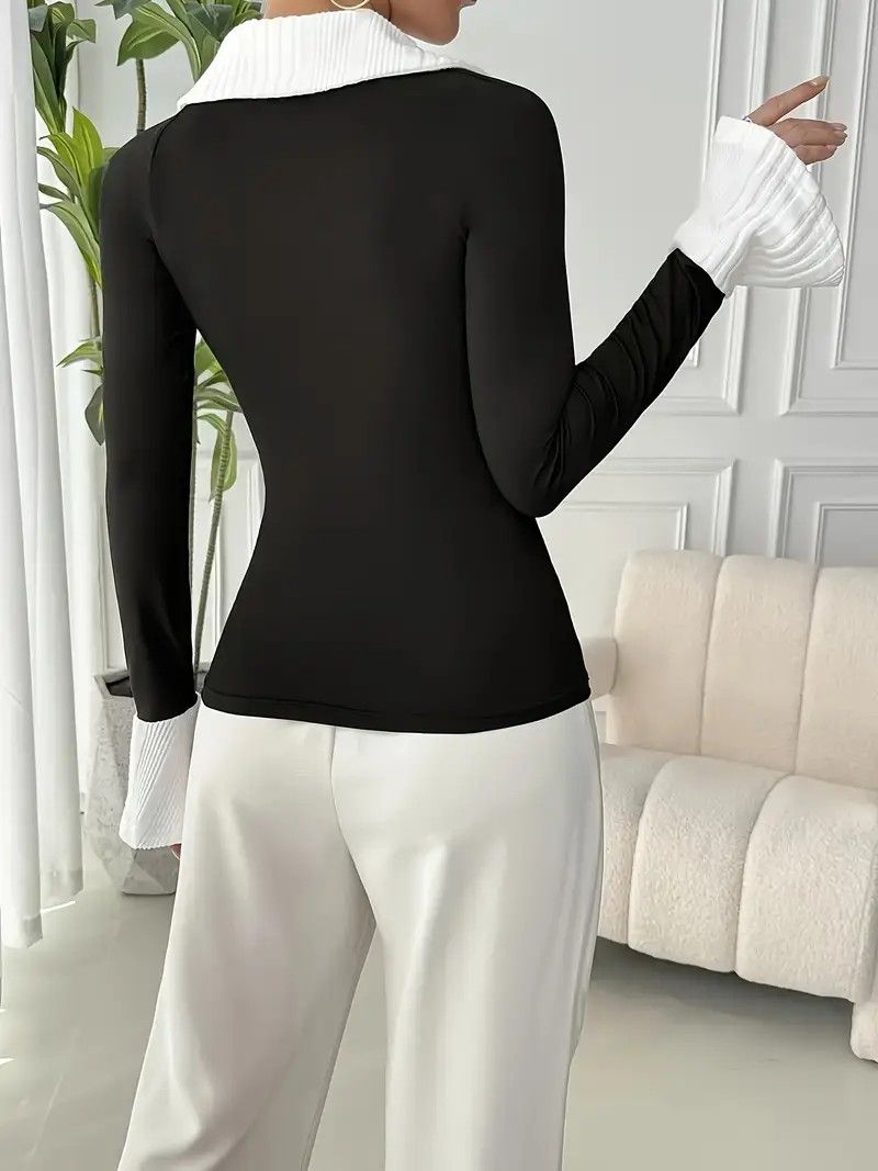 XS Black and White Collared Top (Category: Blouses) located in Caloocan City. Submitted by saramedeclutter (Listing ID 1426115173, Image 3). Description: two tone longsleeves top xs kn tag upto small.