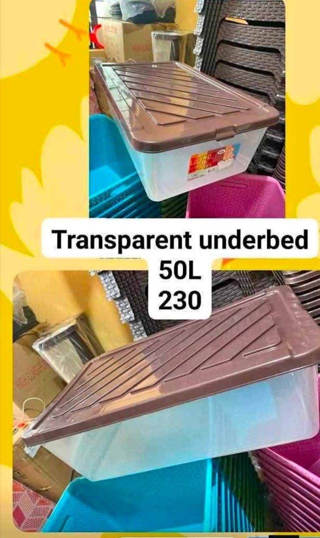 50L Transparent Underbed Storage Box (Category: Storage Boxes & Baskets) located in Caloocan City. Submitted by brightdeer.83db1b (Listing ID 1426234996, Image 1). Description: Durable transparent underbed storage box with a brown lid. It has a 50L capacity, perfect for storing clothes, blankets, or other items under your bed. The box is designed to protect your belongings from dust and moisture. It's a practical storage solution for maximizing s