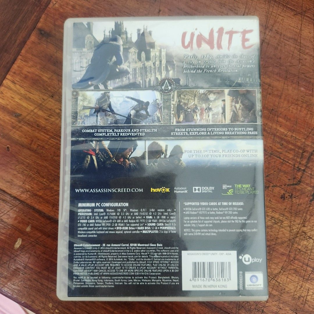Assassin's Creed Unity PC DVD-ROM (Category: PlayStation) located in Ilagan. Submitted by micassandra (Listing ID 1426329361, Image 2). Description: Assassin's Creed Unity PC DVD-ROM Special Edition. Includes additional missions and The Chemical Revolution. The game features combat, parkour, and exploration. It allows players to explore the streets of Paris during the French Revolution. The game requires a minimum PC configuration to run..