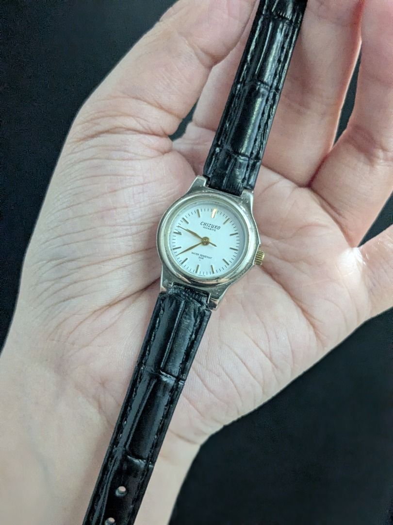 Chizuko Japan Vintage Watch (Category: Women's Watches) located in Quezon City. Submitted by nnncorner (Listing ID 1426326130, Image 2). Description: Chizuko Black Leather Strap Watch Fits 15-18 cm wrist 1 peso coin size Buffalo Swiss Leather No scratches on glass face It comes with velvet box 1,500.