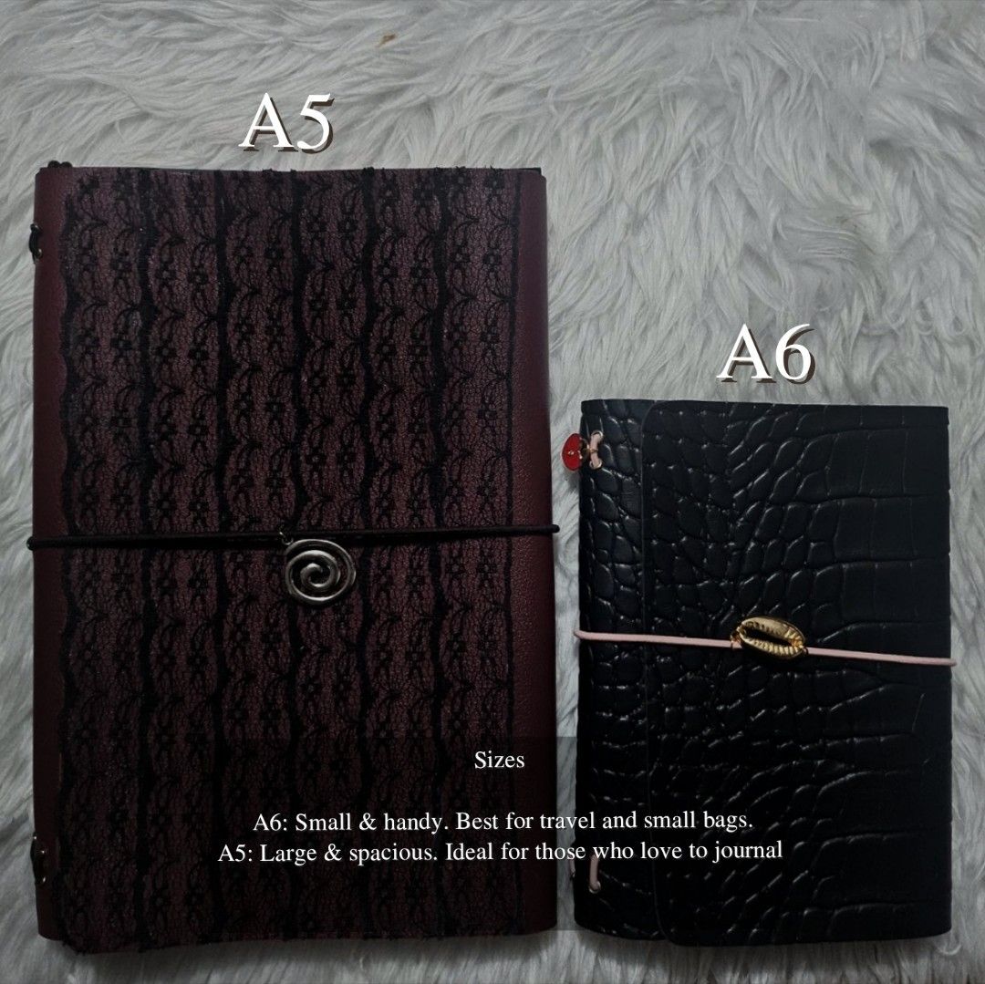 Trifold Leather Journal Corset Design A6 (Category: Stationery & School Supplies) located in Manila. Submitted by __maipages (Listing ID 1426252375, Image 2). Description: Made from 100% vegan leather. Customise your own leather folio that can be refilled anytime. Message us for more information. inclusions: 1 refill notebook binder clip imbedded bookmark free charm of your choice box free stickers.