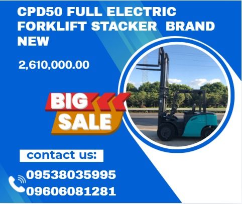 CPD50 full electric forklift stacker brand new (Category: Home Improvement Tools & Accessories) located in Caloocan City. Submitted by liezelmonl80299 (Listing ID 1426235337, Image 1). Description: Specification: Model: CPD50 Max. lifting height: 3000mm Loading capacity: 5000kg Load center distance:m500mm Overall length(no fork):2380mm Overall width:1150mm Gantry height: 2180mm Wheelbase: 1380mm Fork adjustable range:m1060/250 Fork length:1080mm 
