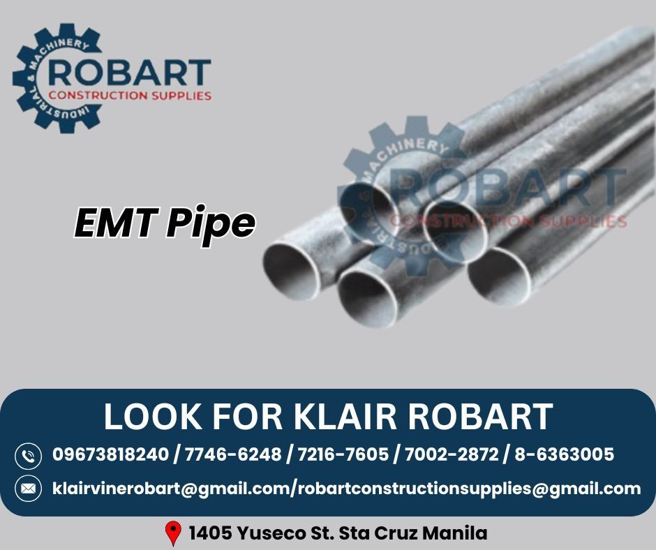 EMT Pipe by Robart Construction Supplies (Category: Construction & Building Materials) located in Caloocan City. Submitted by klair_robart (Listing ID 1426244418, Image 1). Description: EMT Pipe Available in any size you preferred and brand. Office Address: 1405 Yuseco St. Sta Cruz Manila SEND US MESSAGE FOR INQUIRIES.