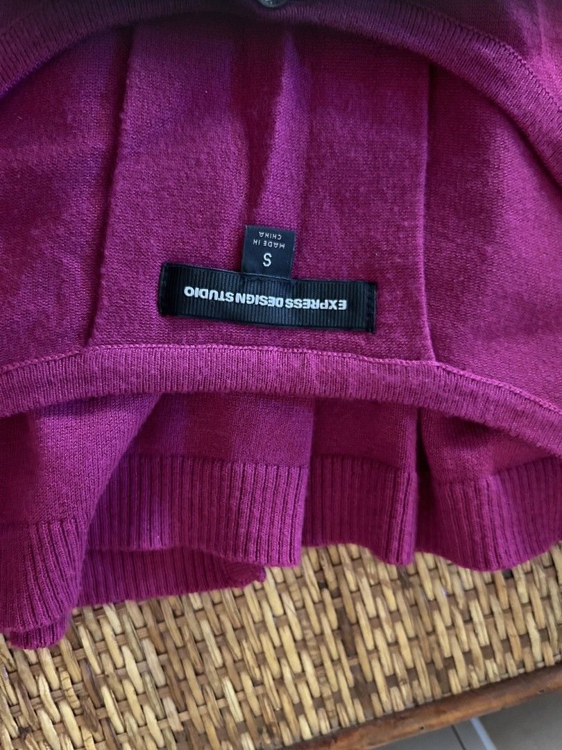 Express Design Studio Cardigan (Category: Coats, Jackets and Outerwear) located in Quezon City. Submitted by plus4lessshop (Listing ID 1426356895, Image 2). Description: Express Design Studio cardigan is a vibrant magenta color. It features a round neckline and three-quarter sleeves. The cardigan has two decorative buttons. The size is small..