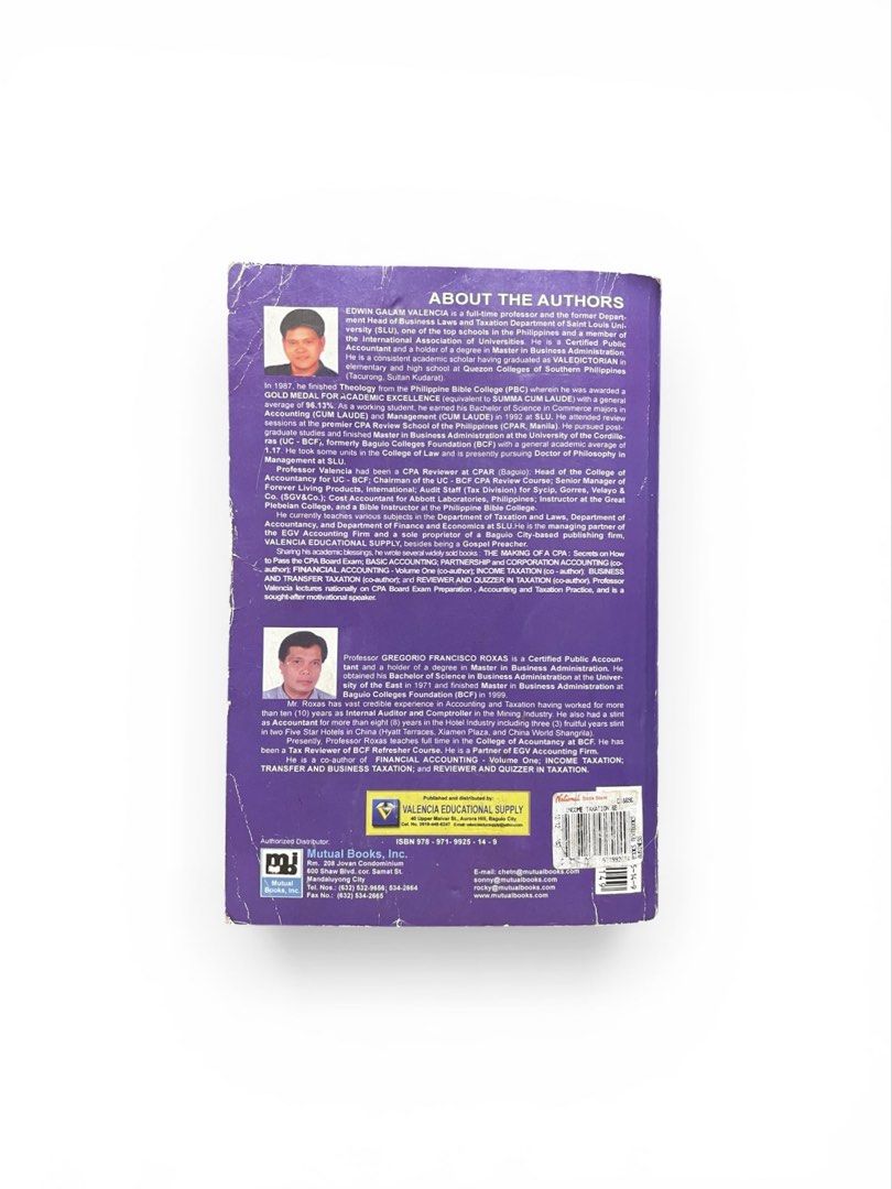 Income Taxation 6th Edition (Category: Textbooks) located in Compostela. Submitted by cameroncj (Listing ID 1426190147, Image 2). Description: Income Taxation: Principles and Laws with Accounting Applications, 6th Edition. Authored by Edwin G. Valencia and Gregorio F. Roxas. Published by Mutual Books. The book covers income tax principles and laws. 📍 Location: Compostela, Cebu 💳 Payment Options: GCash / Maya 📦 Delivery: J&T Express / Lalamove 