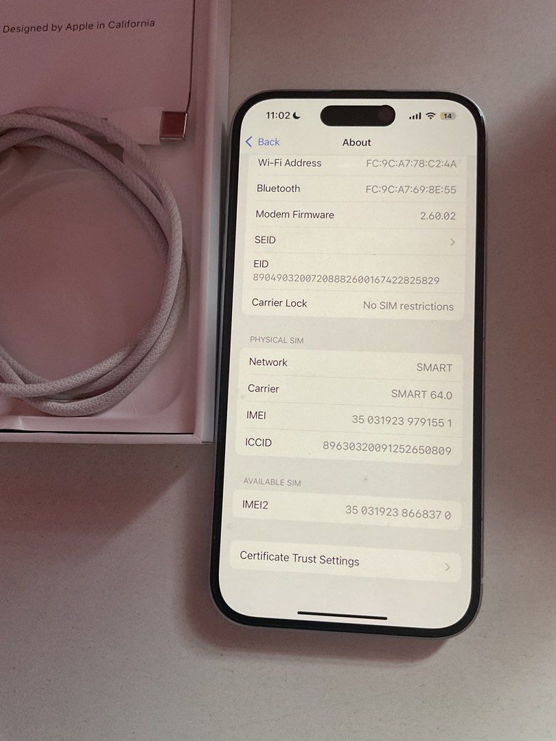 iPhone 15 Lady owned 128gb (Category: iPhone 15 Series) located in San Mateo. Submitted by nomhuep (Listing ID 1426208074, Image 3). Description: Unit & Box + Orig Charger cord lady owned Serial number in box is the same 128gb 85bh Never been replaced nor repaired. All working and meet up only for unli testing. RFS: Upgrade.