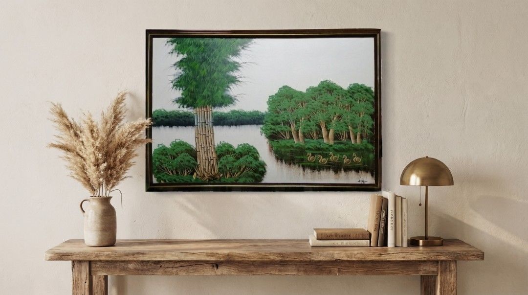 Misty Mangrove River Lacquer Landscape (Category: Wall Decor) located in Caloocan City. Submitted by kennsalas124605 (Listing ID 1426354371, Image 1). Description: Layered lacquer technique yields glossy depth, with emerald trees reflecting in calm waters under hazy skies—hallmark of Vietnamese tranh sơn mài from villages like Ha Thai. Subdued greens and silvers evoke peaceful delta wetlands, ideal for zen decor. Cozy vignette enhances its organi