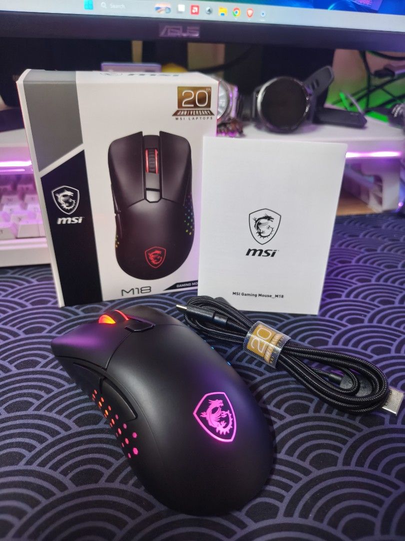 MSI M18 WIRELESS GAMING MOUSE (Category: Mouse & Mousepads) located in Malabon City. Submitted by tipiditykicks2.0 (Listing ID 1426201752, Image 1). Description: MSI M18 GAMING MOUSE (Wired / Wireless) Tri-mode connectivity • Wired • 2.4ghz • Bluetooth 6-Level DPI presets upto 5,000 3 RGB Lighting effects 20million Clicks switch life 5V-5000mA Weight: 116 grams Size: 131 x 76 x 33mm Malabon City Area Also can sell in bulk 🔥 .