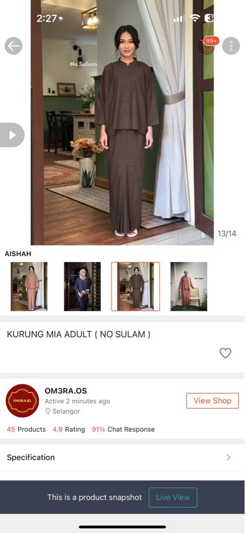 Omera Code Aishah (Category: Baju Kurung & sets) located in Durian Tunggal. Submitted by fatinshahi59406 (Listing ID 1426242389, Image 1). Description: Like new pakai 2 kali shj .