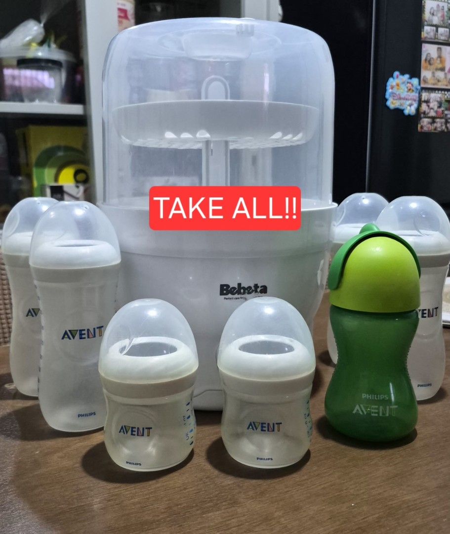 Philips Avent Bottles and Bebeta Sterilizer (Category: Breastfeeding & Bottle Feeding) located in Las Pinas. Submitted by hmhcollection (Listing ID 1426269965, Image 1). Description: Selling my baby's preloved feeding bottles. TAKE ALL! Includes: 4pcs Avent bottles 11oz 2pcs Avent bottles 4oz 1pc Avent My Bendy Straw Cup 10oz 1unit Bebeta bottle sterilizer All items are still in good condition. No included silicon nipples and straw..