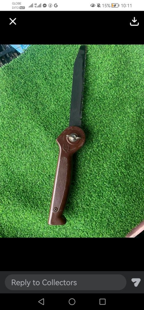 Vintage Folding Hand Saw Japan (Category: Construction Tools & Equipment) located in Liloan. Submitted by aidolcapz88 (Listing ID 1426253985, Image 1). Description: Vintage folding hand saw. Features a brown handle and a black blade. The blade can be folded into the handle. Great for camp survival or hunting. The saw has a unique design with a circular mechanism for folding.Size blade 7.5".blade to handle 15"..bagay to sa my garden pang pruning p