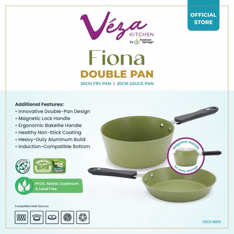 Véza Kitchen Fiona Double Pan Set (Category: Cookware & Accessories) located in Paranaque City. Submitted by homebox.com (Listing ID 1426219699, Image 3). Description: PROMO UNTIL MAY 2026- BUY 1 and get 2nd item with a lower amount in the items for sale at 30%off. Fiona Double Pan • Innovative Double-Pan Design • Magnetic Lock Handle • Ergonomic Bakelite Handle • Healthy Non-Stick Coating • Heavy-Duty Aluminum Build • Induction-Compatible Bottom