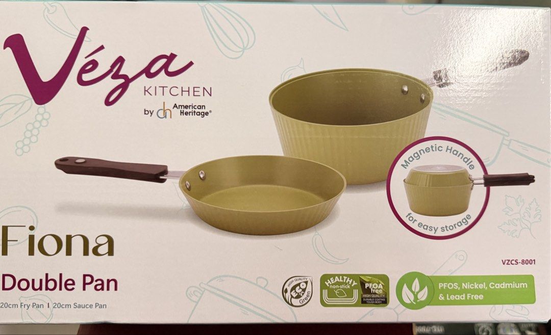 Véza Kitchen Fiona Double Pan Set (Category: Cookware & Accessories) located in Paranaque City. Submitted by homebox.com (Listing ID 1426219699, Image 1). Description: PROMO UNTIL MAY 2026- BUY 1 and get 2nd item with a lower amount in the items for sale at 30%off. Fiona Double Pan • Innovative Double-Pan Design • Magnetic Lock Handle • Ergonomic Bakelite Handle • Healthy Non-Stick Coating • Heavy-Duty Aluminum Build • Induction-Compatible Bottom