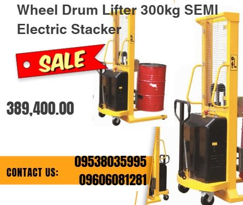 Wheel Drum Lifter 300kg SEMI Electric Stacker (Category: Everything Else Others) located in Caloocan City. Submitted by 09059603908 (Listing ID 1426213722, Image 1). Description: Model : DT300 Capacity : 300kg Item weight : 178kg Caster specifications : 150*50/125*50MM Turning radius : 1230MM Pump station power : 0.8kw /H Battery : 12/100V/AH Increase speed : 80Mm/s Wooden case size : 1800*1400*2100MM Weight : 230kg.