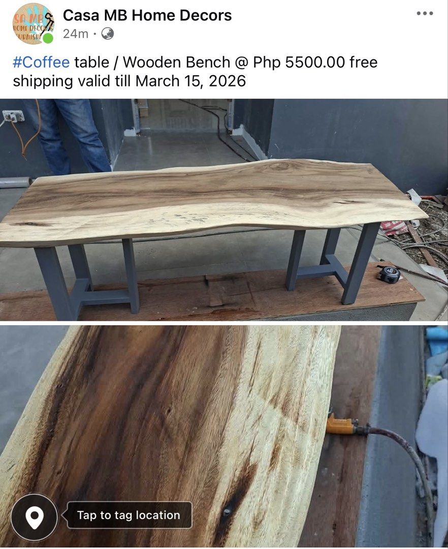 Wooden Coffee Table / Bench (Category: Tables & Sets) located in Pasig City. Submitted by casambhomedecors (Listing ID 1426281377, Image 1). Description: Coffee table + Wooden Bench .
