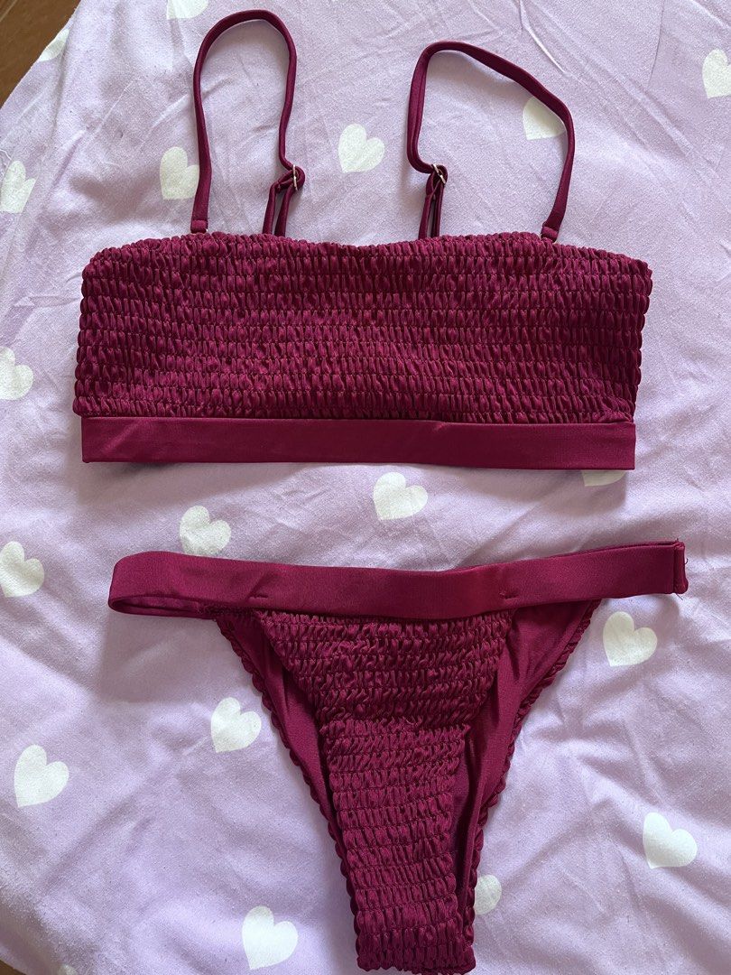Zaful Smocked Bikini Set - Burgundy (Category: Bikinis & Swimsuits) located in Consolacion. Submitted by declutterwithzel (Listing ID 1426240553, Image 3). Description: -Only top has been used -Bought online -Bikini is too revealing for my preference 🥲.