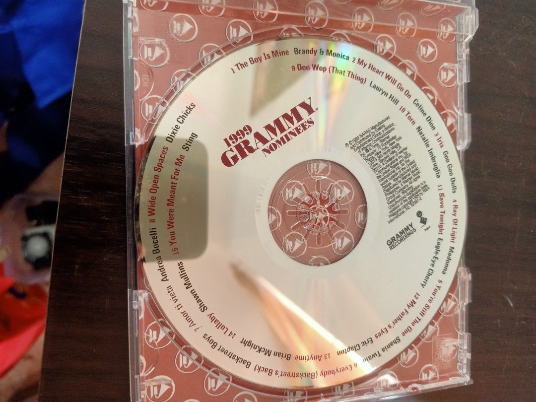 1999 Grammy Nominees CD (Category: CDs & DVDs) located in Las Pinas. Submitted by the_recycle_shop (Listing ID 1426400210, Image 2). Description: CD features the 1999 Grammy Nominees. It includes songs from various artists such as Brandy & Monica, Madonna, Shania Twain, and more. The CD is in its original case. The tracklist is visible on the back of the case. A premium price sticker is on the front..