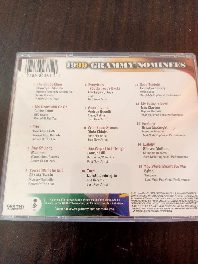 1999 Grammy Nominees CD (Category: CDs & DVDs) located in Las Pinas. Submitted by the_recycle_shop (Listing ID 1426400210, Image 3). Description: CD features the 1999 Grammy Nominees. It includes songs from various artists such as Brandy & Monica, Madonna, Shania Twain, and more. The CD is in its original case. The tracklist is visible on the back of the case. A premium price sticker is on the front..