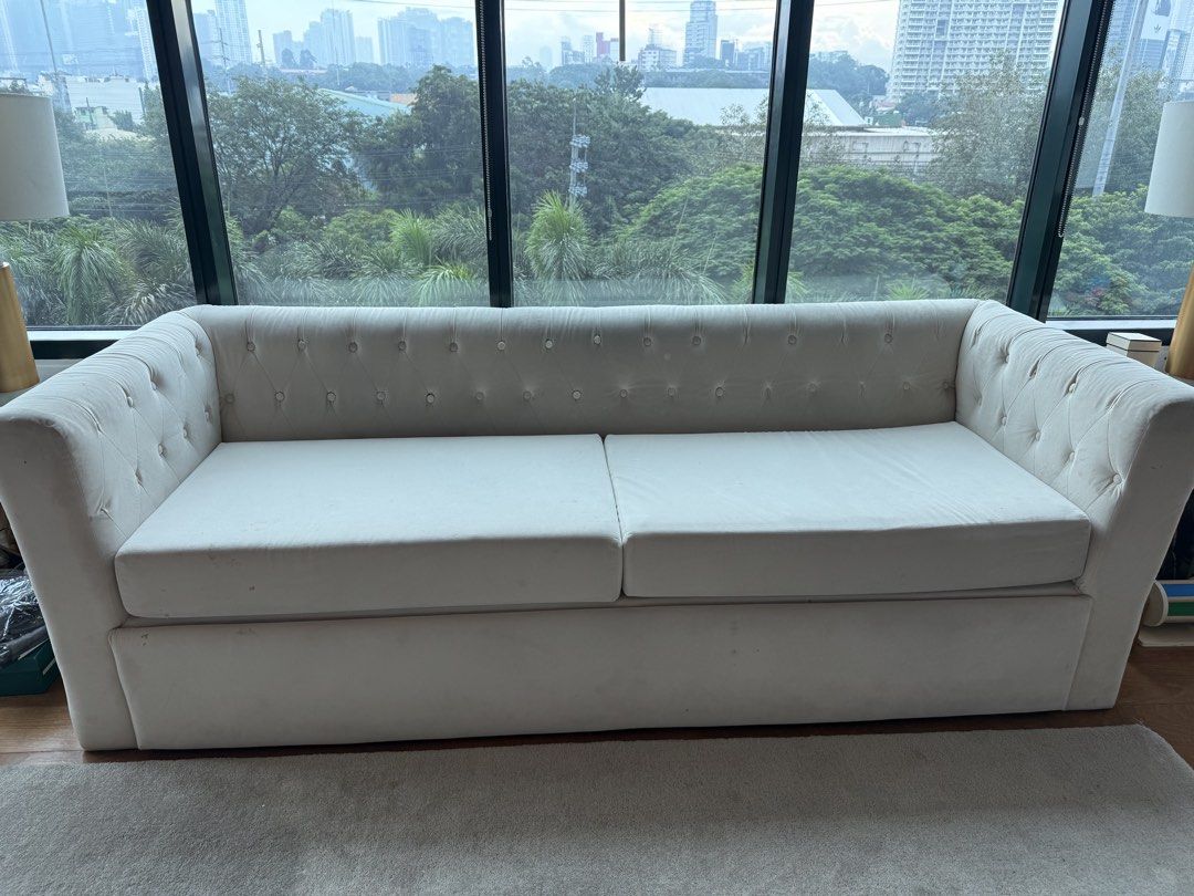 4 seater sofa with pull out and mattress included (Category: Sofas) located in Makati City. Submitted by nmvs1 (Listing ID 1426519411, Image 2). Description: 4 seater sofa with pull out bed with Uratex cushion custom made Color beige fabric Needs cleaning Measurement Sofa : 91 inches length x 34 inches wide Pull out uratex cushion single : 78 inches length x 26 inches wide Super nice and cushion firm not lundo at all .