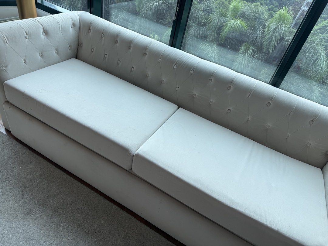 4 seater sofa with pull out and mattress included (Category: Sofas) located in Makati City. Submitted by nmvs1 (Listing ID 1426519411, Image 3). Description: 4 seater sofa with pull out bed with Uratex cushion custom made Color beige fabric Needs cleaning Measurement Sofa : 91 inches length x 34 inches wide Pull out uratex cushion single : 78 inches length x 26 inches wide Super nice and cushion firm not lundo at all .
