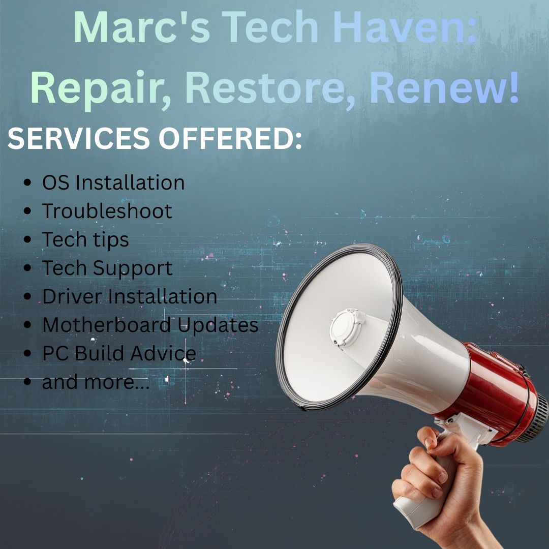 💻 Remote Computer Repair & Tech Support (Category: Desktops) located in Cordova. Submitted by marcbryant24 (Listing ID 1426498972, Image 1). Description: 💻 Marc's Tech Haven: Repair, Restore, Renew! – 2 Years Experience Having computer problems? I offer remote computer repair and technical support to help fix issues quickly and conveniently without the need for a physical visit. 🔧 Services I Offer: • Windows installation and reformat • Virus a