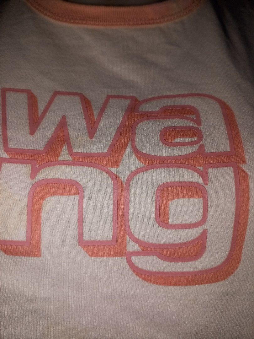 Alexander Wang.t Wang Logo T-shirt (Category: Luxury Apparel) located in Magalang. Submitted by zeiansoria64090 (Listing ID 1426409293, Image 2). Description: White Alexander Wang.t t-shirt with a pink Wang logo on the front. The shirt has a crew neck and short sleeves with pink trim. Made in Turkey. The fabric composition is 100% cotton and 100% polyester. There are some stains on the shirt..