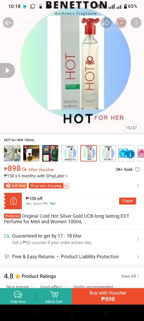 Benetton Hot For Her 100ml EDT (Category: Fragrance & Deodorants) located in Pasig City. Submitted by enajp82 (Listing ID 1426538273, Image 1). Description: Authentic Benetton Hot For Her Eau de Toilette. This 100ml perfume is for women. The box includes the ingredients and manufacturing details. Made in Italy. The perfume has a red cap and the bottle has the Benetton logo..