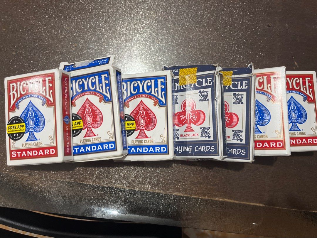 Bicycle Standard Playing Cards (Category: Board Games & Puzzles) located in Bacoor. Submitted by _xyingyang (Listing ID 1426499254, Image 1). Description: 7 Bicycle playing cards TAKE ALL for 800 ONLY Used only for xmas games 7boxes May or may not be complete.