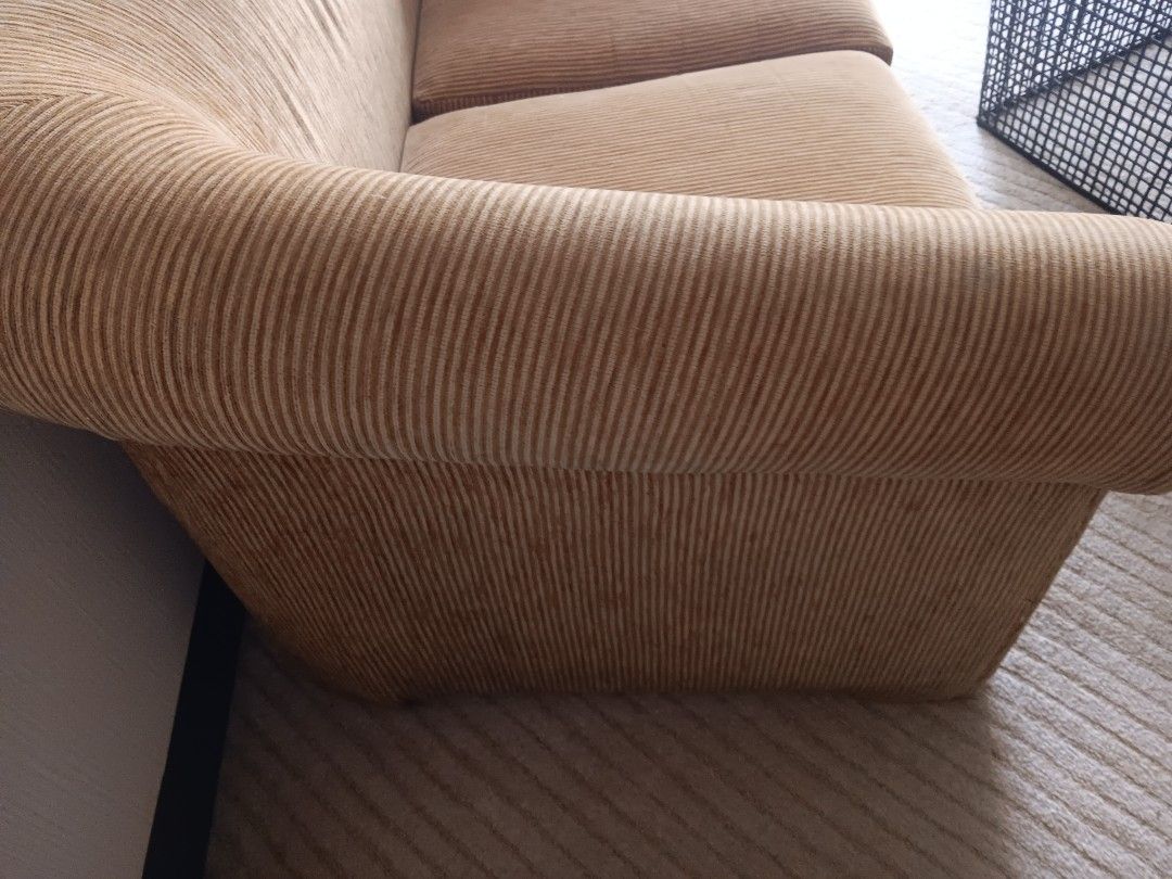 Corduroy 2-Seater Sofa (Category: Sofas) located in Las Pinas. Submitted by jesus1smysavi0r (Listing ID 1426487902, Image 3). Description: Hotel pull put on sale! 6,499! Corduroy sofa features a two-seater design with a warm, brown color. It has a rounded armrest and a sturdy base. The cushions appear to be well-maintained. It would be a great addition to any living room or lounge area. The sofa is perfect for small spaces..