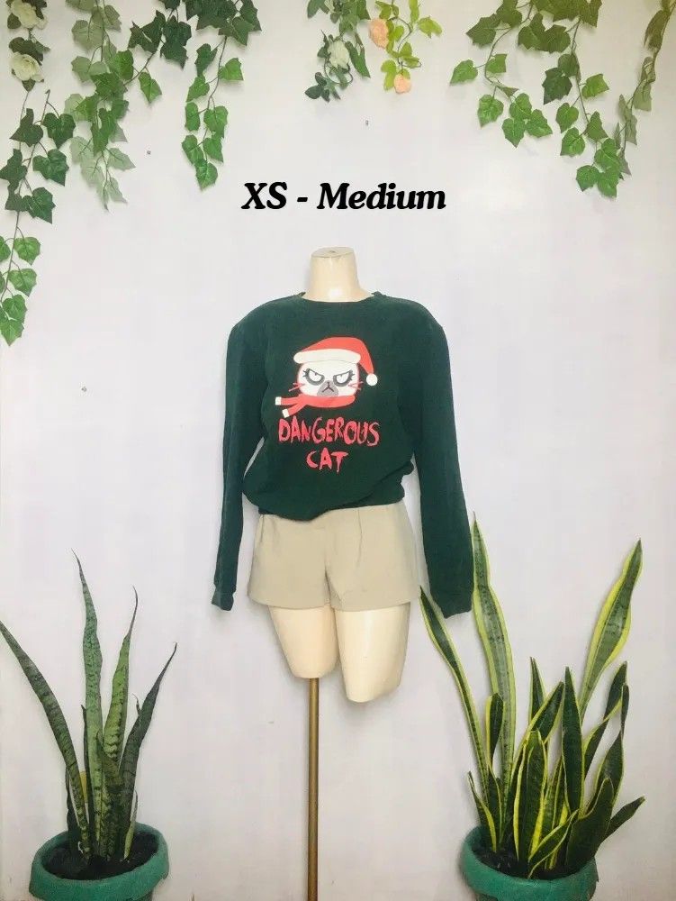 Dangerous Cat Sweatshirt - XS to Medium (Category: Coats, Jackets and Outerwear) located in Caloocan City. Submitted by _misskaye (Listing ID 1426516562, Image 1). Description: Green sweatshirt with a "Dangerous Cat" graphic. The sweatshirt has long sleeves and a crew neck. The size range is XS to Medium. The graphic features a cat wearing a Santa hat and a red scarf. The text "DANGEROUS CAT" is printed in red below the cat image..