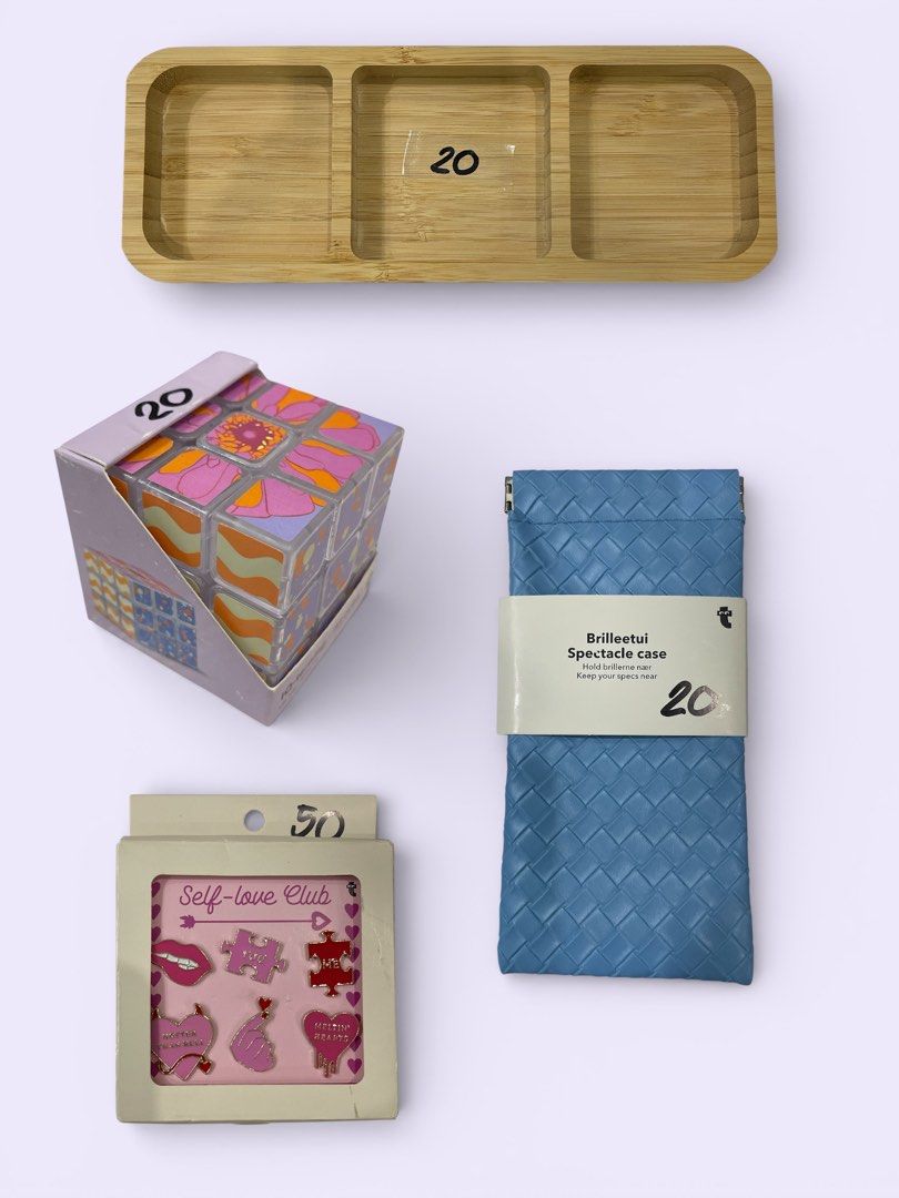 Flying Tiger - Assorted Unused Items (Category: Craft Supplies & Tools) located in Subic. Submitted by pepaydeclutters (Listing ID 1426474058, Image 1). Description: Unused Got these from a mystery bag last year Includes: 1. Bamboo jewelry/knick knack organizer 2. Cutie floral themed Rubiks cube 3. Baby blue glasses/sunglasses case 4. Self love themed pins.