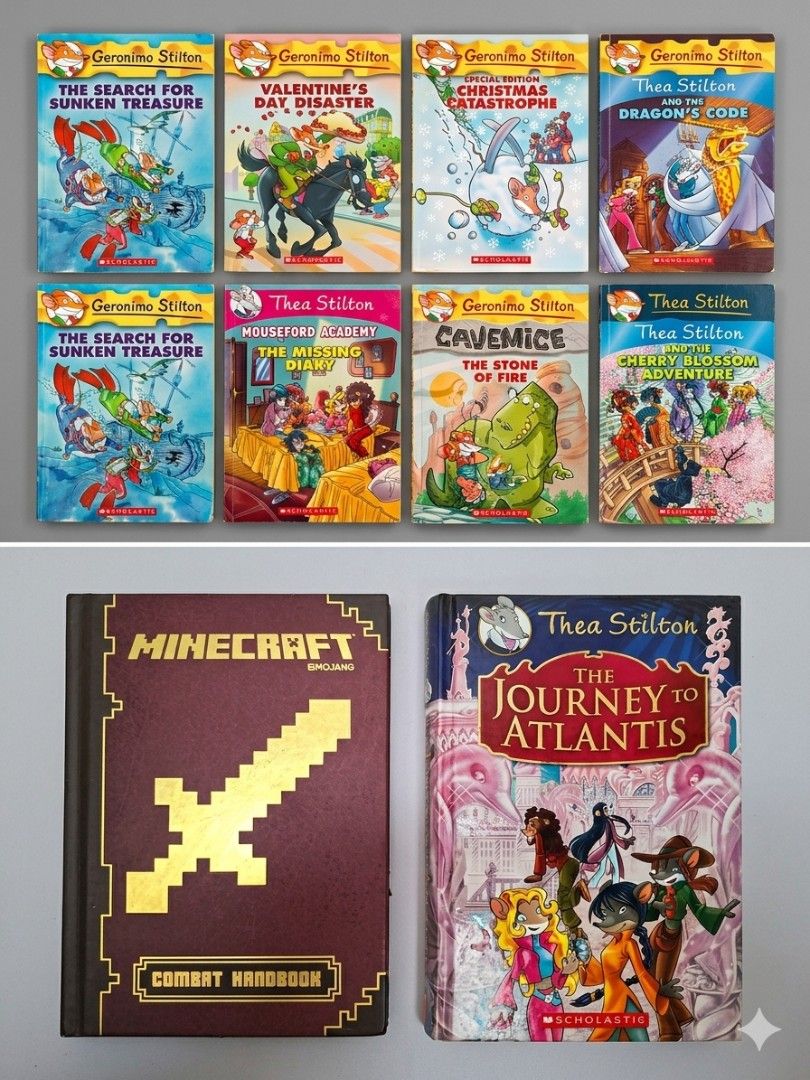Geronimo Stilton and Thea Stilton Books (Category: Children's Books) located in Paranaque City. Submitted by chebureche (Listing ID 1426409644, Image 1). Description: Collection of Geronimo Stilton and Thea Stilton books. Titles include "The Search for Sunken Treasure", "Valentine's Day Disaster", "Christmas Catastrophe", "The Dragon's Code", "The Missing Diary", "Cavemice: The Stone of Fire", "Cherry Blossom Adventure", "Minecraft Combat Handboo
