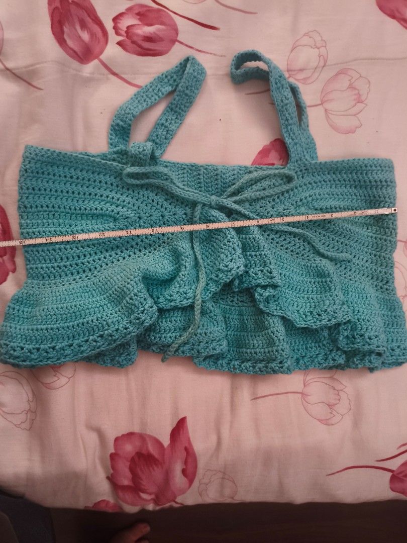 Handmade Crochet Ruffle Top Blue Size Small (Category: Sleeveless) located in Manila. Submitted by flashylanding (Listing ID 1426483195, Image 3). Description: Crochet ruffle top blue Width - 15 inches Length - 7.5 inches sf shouldered by the buyer.