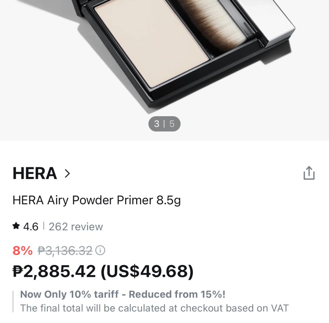 HERA Airy Powder Primer 8.5g (Category: Makeup) located in Manila. Submitted by mommy_mary (Listing ID 1426413678, Image 3). Description: - HERA Airy Powder Primer 8.5g - Designed for a smooth, poreless finish. - Includes a brush for easy and precise application. - Long-lasting formula. - Suitable for all skin types..