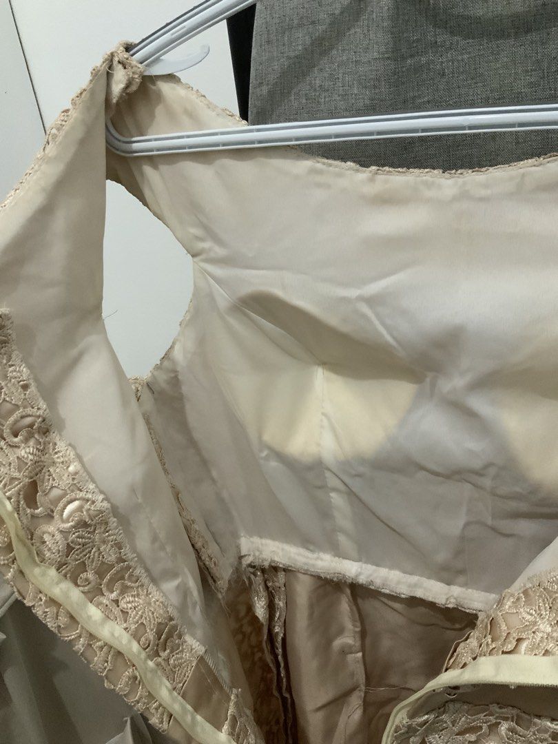 Off-Shoulder Padded Lace Beige Dress (Category: Dresses) located in Taguig. Submitted by mstyphoon (Listing ID 1426463987, Image 3). Description: Elegant off-shoulder dress in a beautiful beige lace. Features a satin ribbon detail at the waist. The dress has a fitted silhouette and falls to the knee. Perfect for special occasions like graduations. Needs wash only. Below knee-length for 5’1” height. .