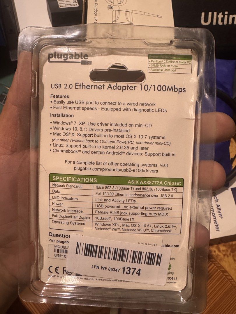 Plugable USB 2.0 to Ethernet Adapter (Category: Cables & Adaptors) located in Manila. Submitted by cheaponsales (Listing ID 1426462508, Image 2). Description: The Plugable USB 2.0 to 10/100 Network Adapter provides fast Ethernet connectivity via USB, features a compact external design, and is largely compatible thanks to the ASIX AX88772 chipset. Two LEDs monitor power and link activity. Support for this adapter is built into the Nintendo Wii and