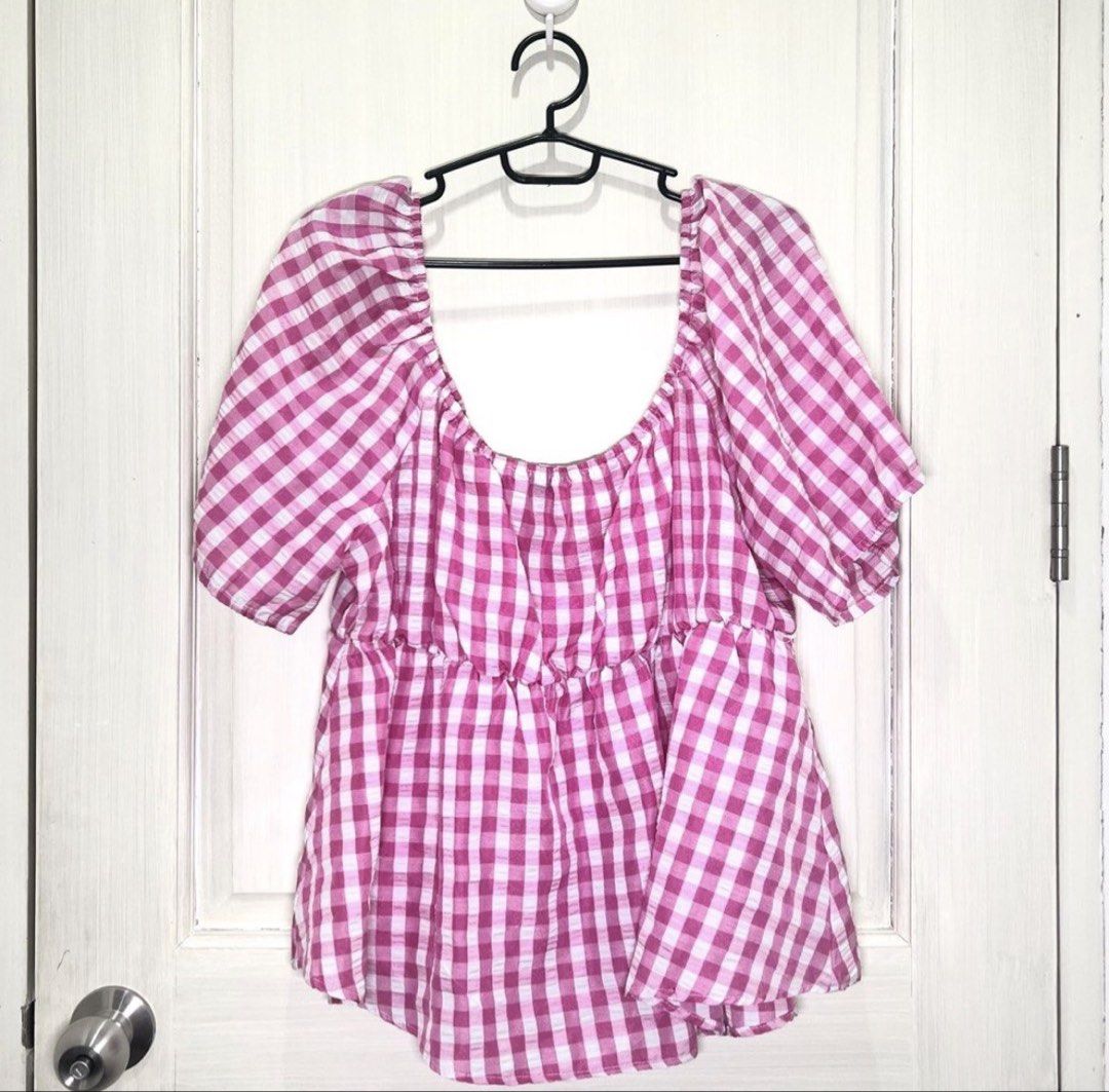 Plus Size Pink Gingham Puff Blouse Top (XXL) (Category: Blouses) located in Pasig City. Submitted by cp0613 (Listing ID 1426420674, Image 1). Description: used only a few times bust 130cm sleeve 32cm waist 86cm length 47cm shoulder 44cm.