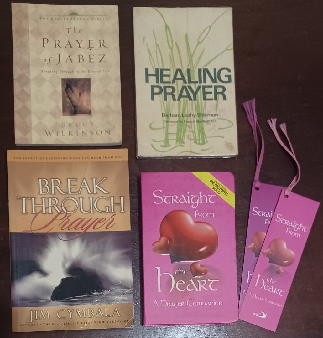 Prayer Books Bundle all for P 250 (Category: Religion Books) located in Quezon City. Submitted by wjmae (Listing ID 1426512911, Image 1). Description: Bundle of prayer books including "The Prayer of Jabez", "Healing Prayer", "Break Through Prayer", and "Straight From the Heart: A Prayer Companion". Includes two bookmarks from "Straight From the Heart"..