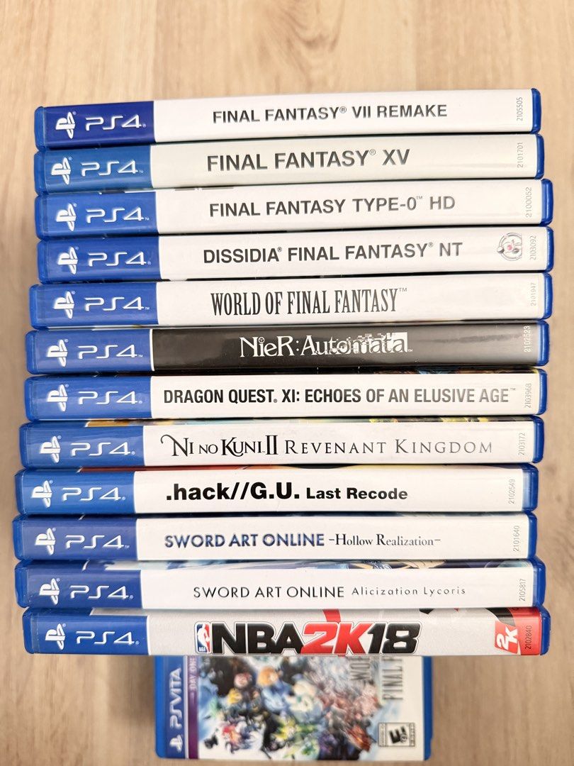 PS4 games (Category: PlayStation) located in Imus. Submitted by moogleshop (Listing ID 1375132090, Image 2). Description: PS4 Games - Backwards Compatible w/ PS5 - all games ALL region Final Fantasy VII Remake - ₱900 Final Fantasy XV - ₱900 Nier Automata - ₱900 Final Fantasy Type 0 HD - ₱900 Dissidia Final Fantasy NT - ₱800 World of Final Fantasy - ₱500 Dragon Quest XI - Echoes of an Elusive Age - ₱800 Ni no Kinu 2 Revenant Kingdom - ₱800 Sword A