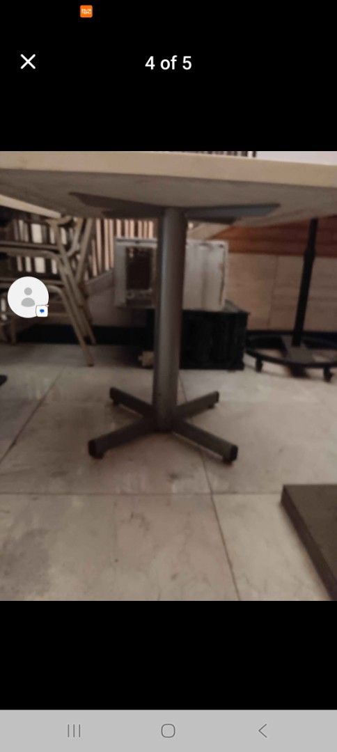 Restaurant Table with Metal Base (Category: Tables & Sets) located in Las Pinas. Submitted by jesus1smysavi0r (Listing ID 1426449259, Image 3). Description: Table features a sturdy metal base and a square tabletop. The base has a cross-shaped design for stability. It's suitable for restaurants or cafes. The table is designed for indoor use. Take all 10 at P25k or P2,500 each.