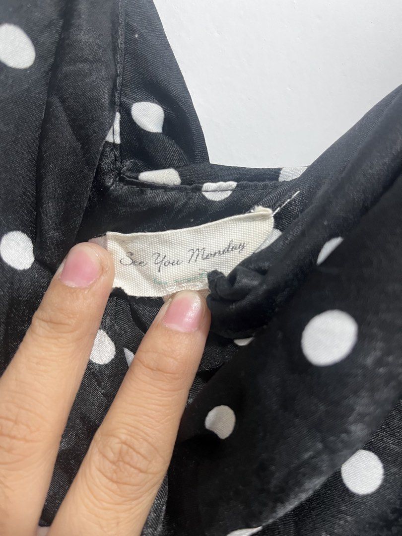 Polka Dot Slip Dress (Category: Dresses) located in Las Pinas. Submitted by _potatoee (Listing ID 1426542041, Image 3). Description: Elegant classic black and white polka dot pattern. The dress has a midi length. Perfect for a night out or a special occasion. Made from a smooth, flowing fabric. 📌 Large on tag but best fits small to med 📌 Payment thru GCASH | BANK TRANSFER 📌 Courier J&T.