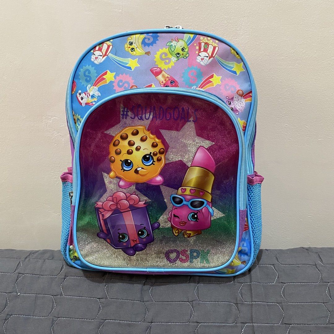 Shopkins Backpack School Bag (Category: Other Babies Going Out Needs) located in Imus. Submitted by shopfromlilo (Listing ID 1426509071, Image 1). Description: Well-used. Please manage expectations. Needs washing. Side pocket garters are worn out na po. Imus Cavite location. Lalamove or J&T. #shopkins #shopkinsbag #shopkinsbagpack #kidschoolbag.