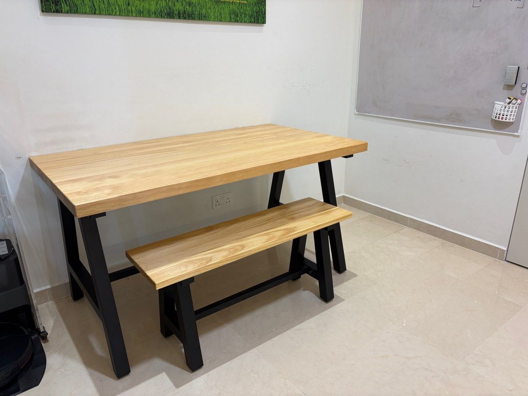 Solid wood table (Category: Tables & Sets) located in Singapore. Submitted by lucky_coco (Listing ID 1426527732, Image 3). Description: Solid wood table 140cm X 80cm. Excellent condition. Used for tuition and discussion purposes only. bought at $430 and bench at $170 ..