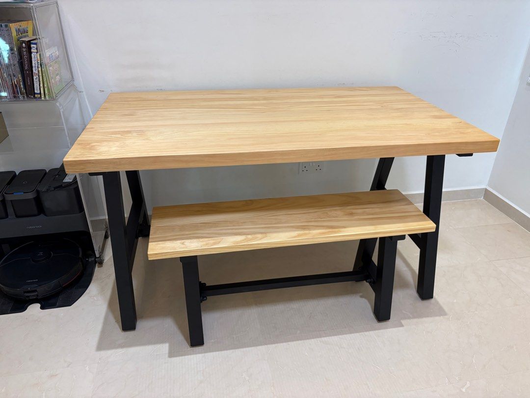 Solid wood table (Category: Tables & Sets) located in Singapore. Submitted by lucky_coco (Listing ID 1426527732, Image 2). Description: Solid wood table 140cm X 80cm. Excellent condition. Used for tuition and discussion purposes only. bought at $430 and bench at $170 ..