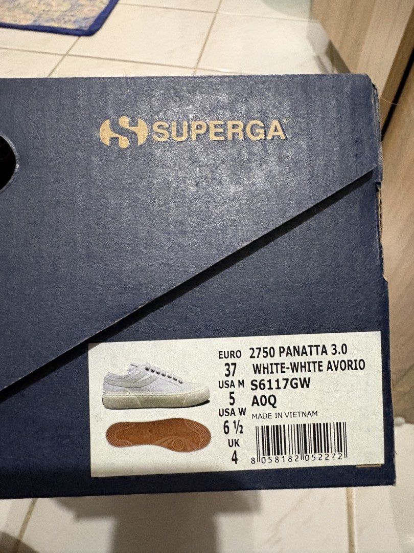 Superga 2750 Panatta 3.0 White Sneakers (Category: Sneakers) located in Makati City. Submitted by ell_declutter (Listing ID 1426488657, Image 3). Description: Like new, just needs cleaning!!!! - Superga 2750 Panatta 3.0 sneakers - Color: White - Size: 37 Euro / US Women's 5 / UK 4 - Canvas upper - Rubber sole - Includes original box - Made in Vietnam.