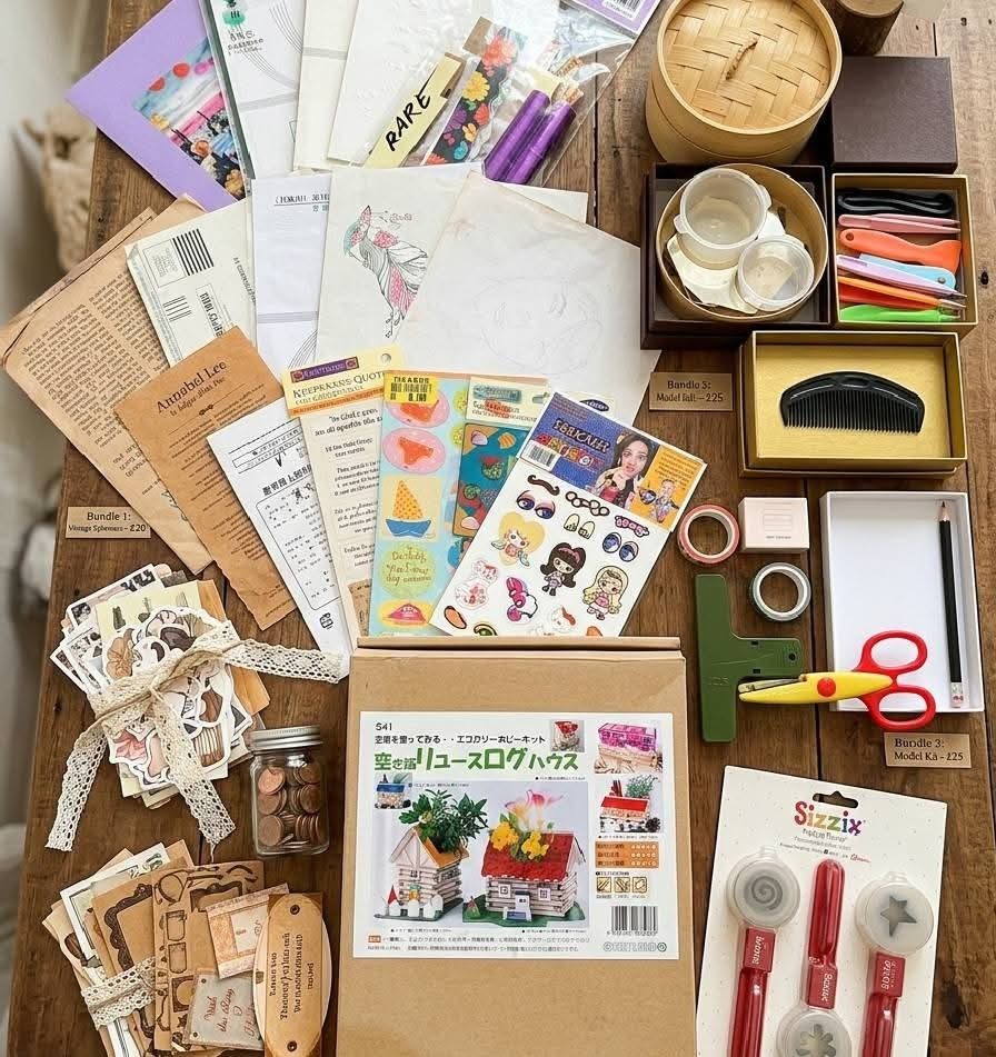 Take all Scrapbooking and Craft Supplies (Category: Craft Supplies & Tools) located in Makati City. Submitted by meghantherobot (Listing ID 1426504745, Image 1). Description: Collection of scrapbooking and craft supplies. Includes stickers, stamps, washi tape, notebooks, paper, and various decorative elements. Also includes a miniature house kit, pens, and other stationery items. Perfect for crafting enthusiasts and those looking to start a new h