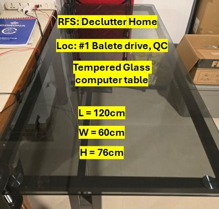Tempered Glass Computer Table. 120cm x 60cm x 76cm (Category: Tables & Sets) located in Quezon City. Submitted by bugzyoung (Listing ID 1426522693, Image 1). Description: - Tempered Glass Computer Table - Dimensions: 120cm x 60cm x 76cm - Features a stylish tempered glass top - Sturdy and durable frame - Modern design.