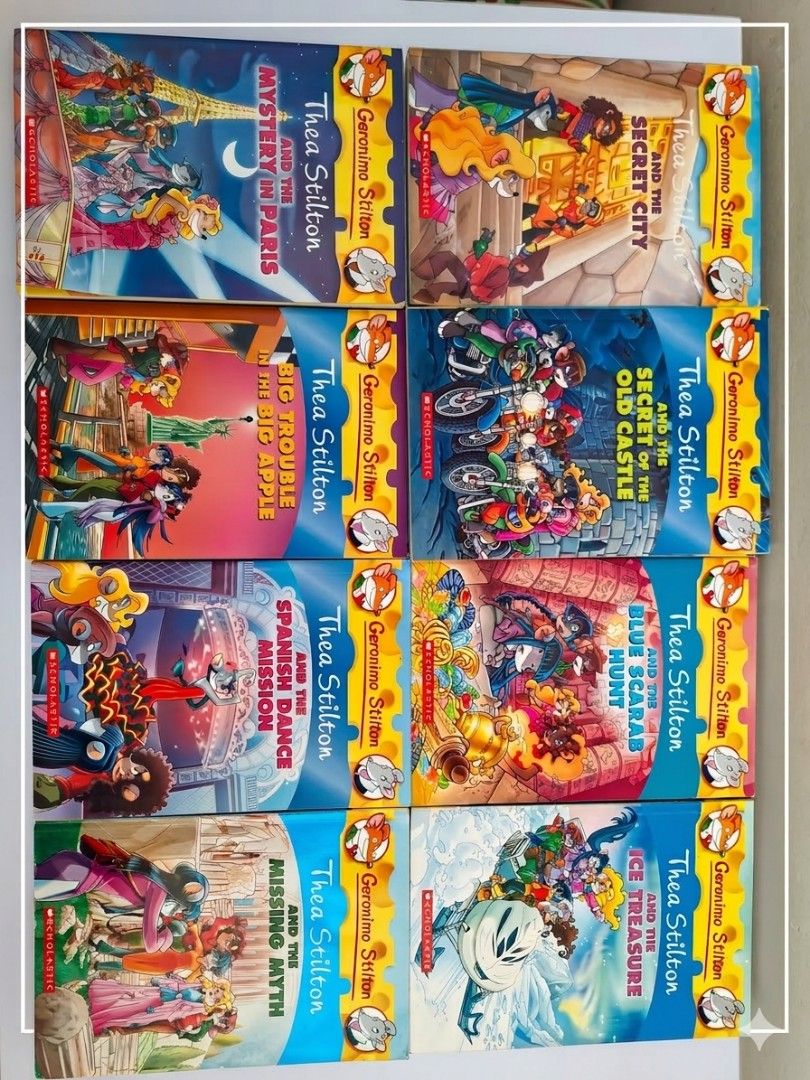 Thea Stilton Geronimo Stilton Book Collection 1 (Category: Children's Books) located in Paranaque City. Submitted by chebureche (Listing ID 1426406555, Image 1). Description: Set of Thea Stilton and Geronimo Stilton books. Titles include "Mystery in Paris", "Big Trouble in the Big Apple", "Spanish Dance Mission", "Missing Myth", "Secret City", "Secret of the Old Castle", "Blue Scarab Hunt", and "Ice Treasure". Perfect for young readers who enjoy 